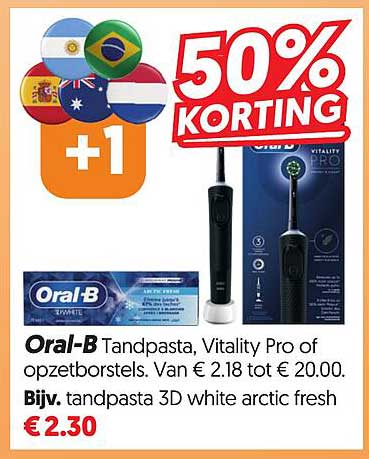 Oral-B Tandpasta, Vitality Pro of opzetborstels. Van € 2.18 tot € 20.00. Bijv. tandpasta 3D white arctic fresh 50% KORTING +1