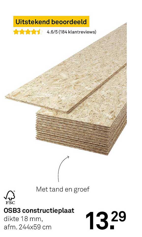 OSB3 constructieplaat dikte 18 mm, afm. 244x59 cm