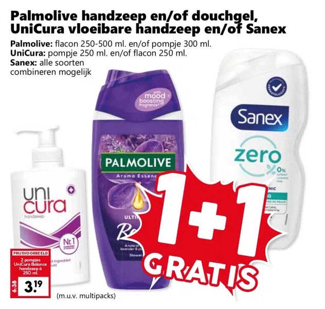 Palmolive handzeep en/of douchegel, UniCura vloeibare handzeep en/of Sanex 1+1 gratis