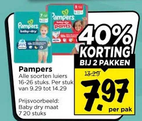 Pampers Alle soorten luiers 16-26 stuks. Per stuk van 9.29 tot 14.29 40% KORTING BIJ 2 PAKKEN