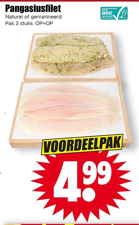 Pangasiusfilet Naturel of gemarineerd. Pak 3 stuks. OP=OP VOORDEELPAK