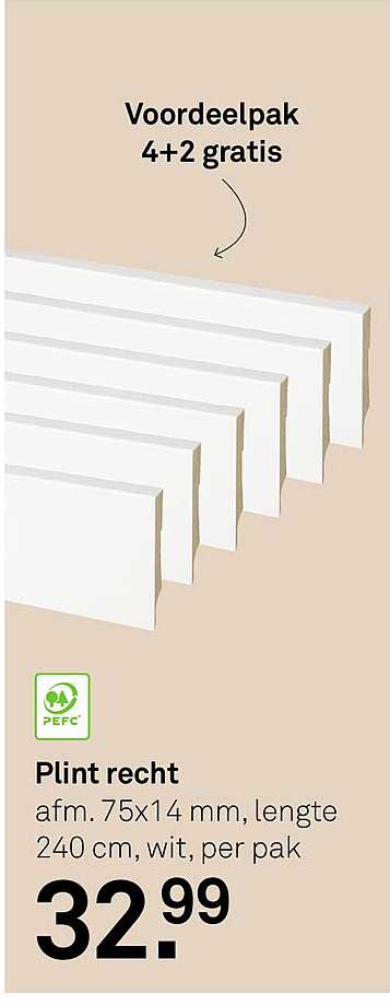 Plint recht afm. 75x14 mm, lengte 240 cm, wit, per pak 4+2 gratis