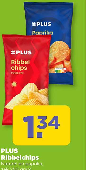 PLUS Ribbelchips Naturel en paprika, zak 250 gram