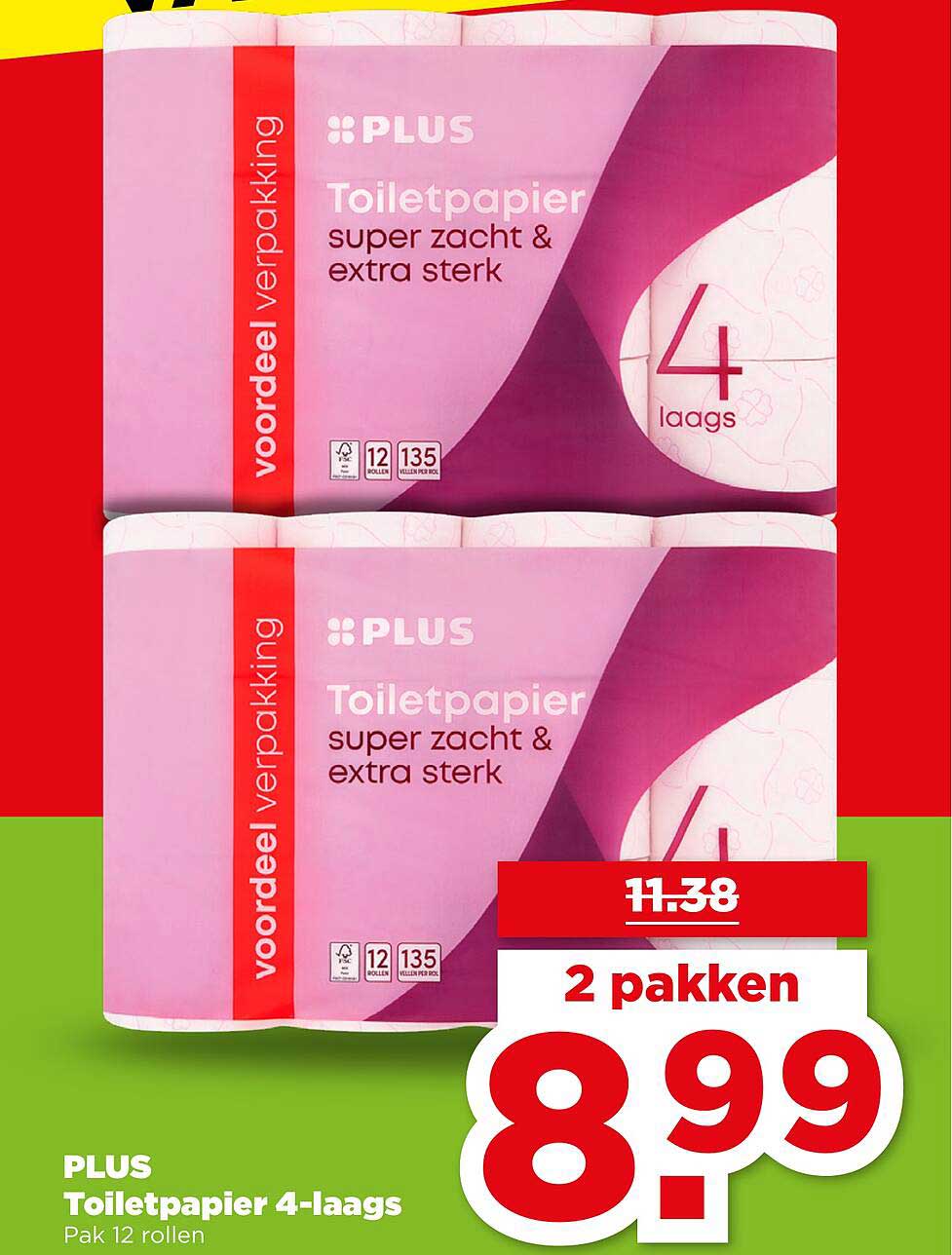 PLUS Toiletpapier 4-laags Pak 12 rollen 2 pakken
