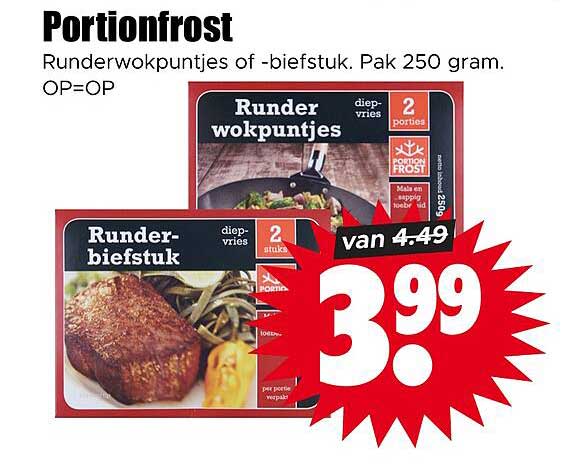 Portionfrost Runderwokpuntjes of -biefstuk. Pak 250 gram. OP=OP