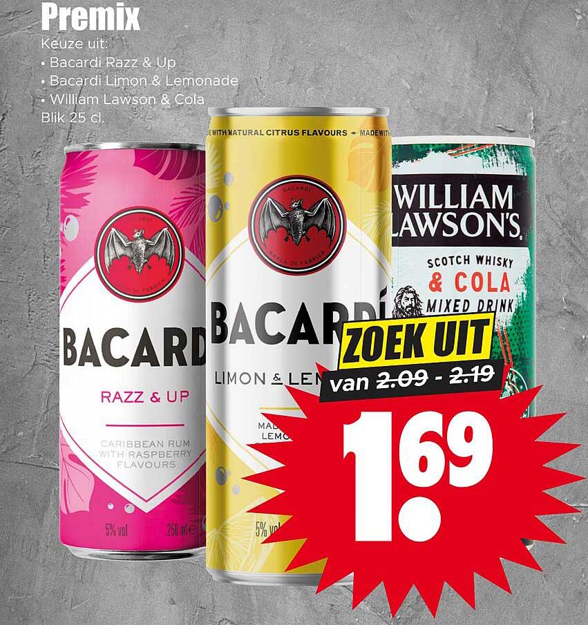 Premix keuze uit: Bacardi Razz & Up, Bacardi Limon & Lemonade, William Lawson & Cola blik 25 cl