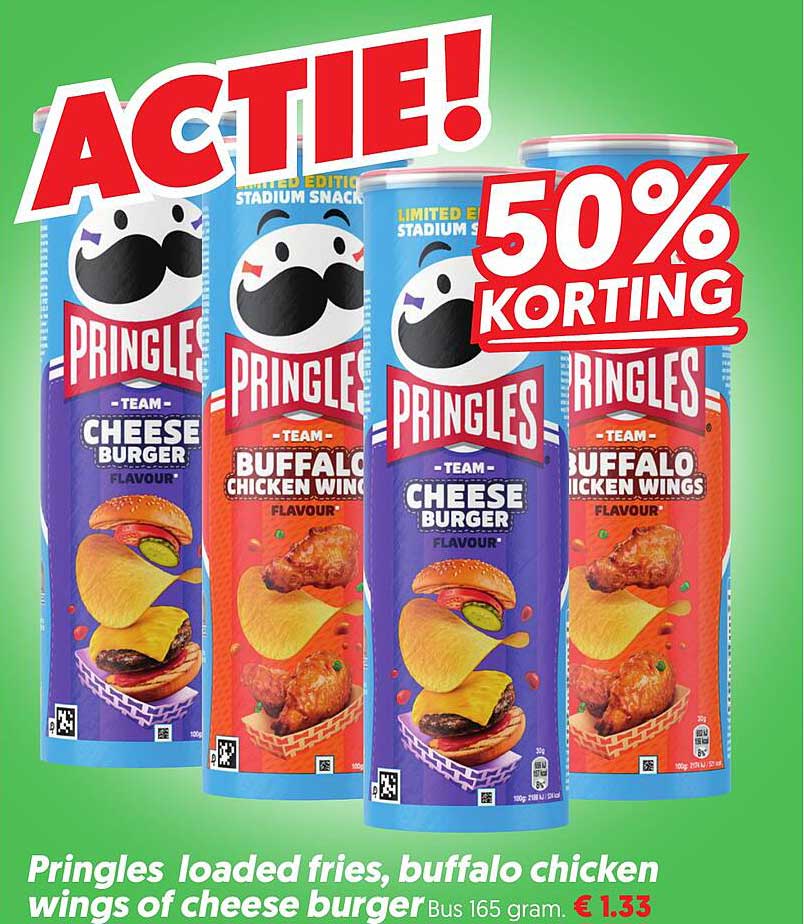 Pringles loaded fries, buffalo chicken wings of cheese burger 50% KORTING