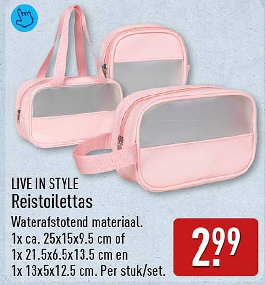 Reistoilettas Waterafstotend materiaal. 1x ca. 25x15x9.5 cm of 1x 21.5x6.5x13.5 cm en 1x 13x5x12.5 cm. Per stuk/set.