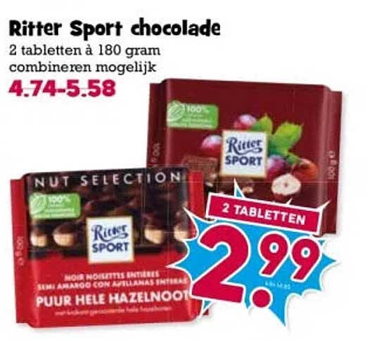 Ritter Sport chocolade 2 tabletten à 180 gram combineren mogelijk