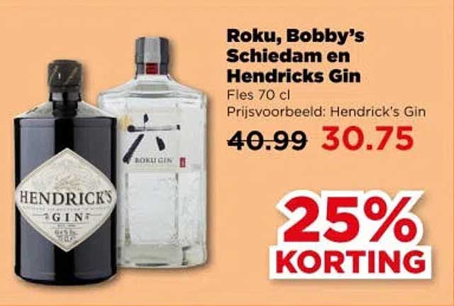 Roku, Bobby’s Schiedam en Hendricks Gin 25% KORTING