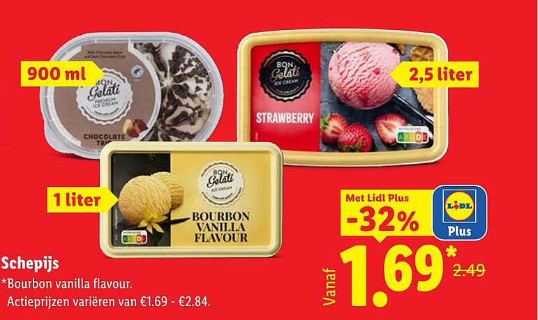 Schepijs *Bourbon vanilla flavour. Actieprijzen variëren van €1.69 - €2.84.