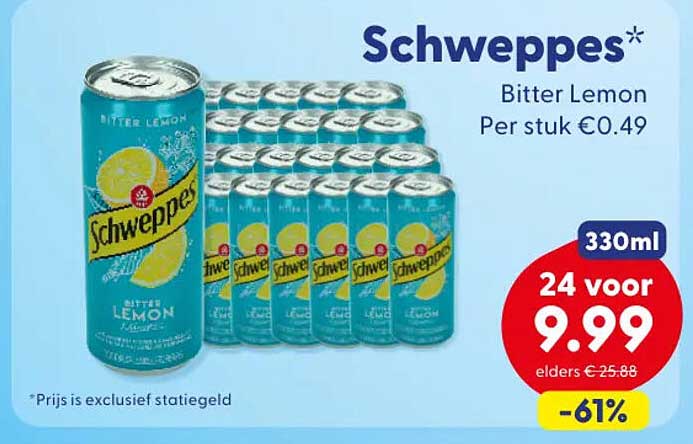 Schweppes Bitter Lemon 330ml 24 voor 9.99 -61%