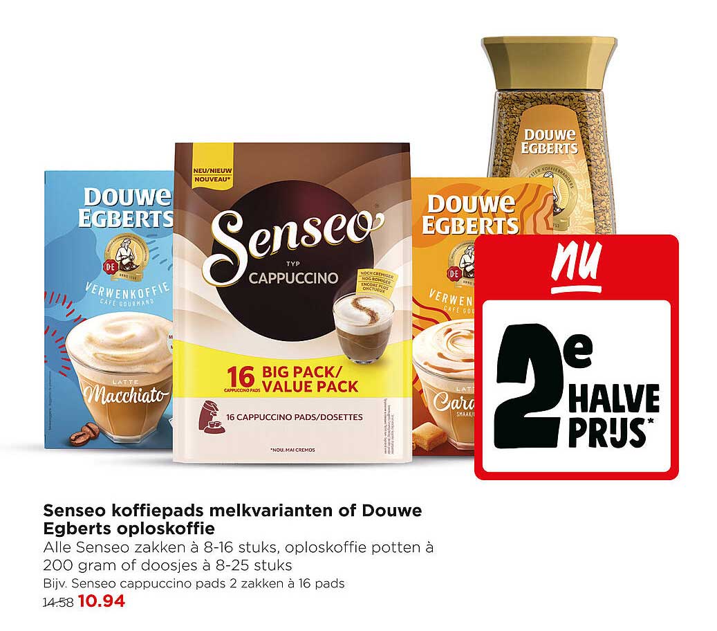 Senseo koffiepads melkvarianten of Douwe Egberts oploskoffie 2e halve prijs