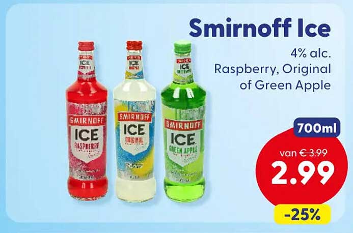 Smirnoff Ice 4% alc. Raspberry, Original of Green Apple 700ml