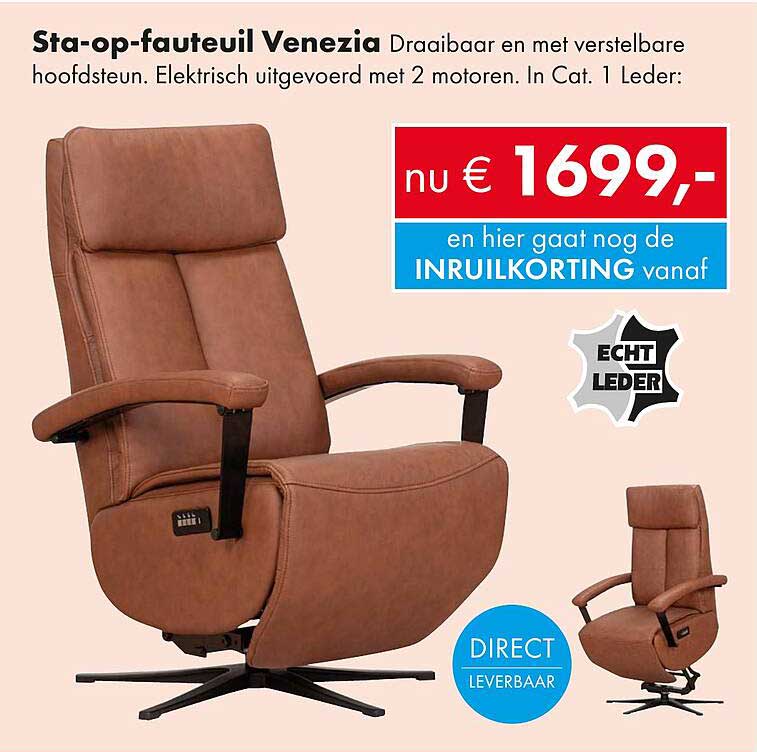Sta-op-fauteuil Venezia Draaibaar en met verstelbare hoofdsteun. Elektrisch uitgevoerd met 2 motoren. In Cat. 1 Leder