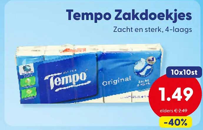Tempo Zakdoekjes Zacht en sterk, 4-laags 10x10st -40%