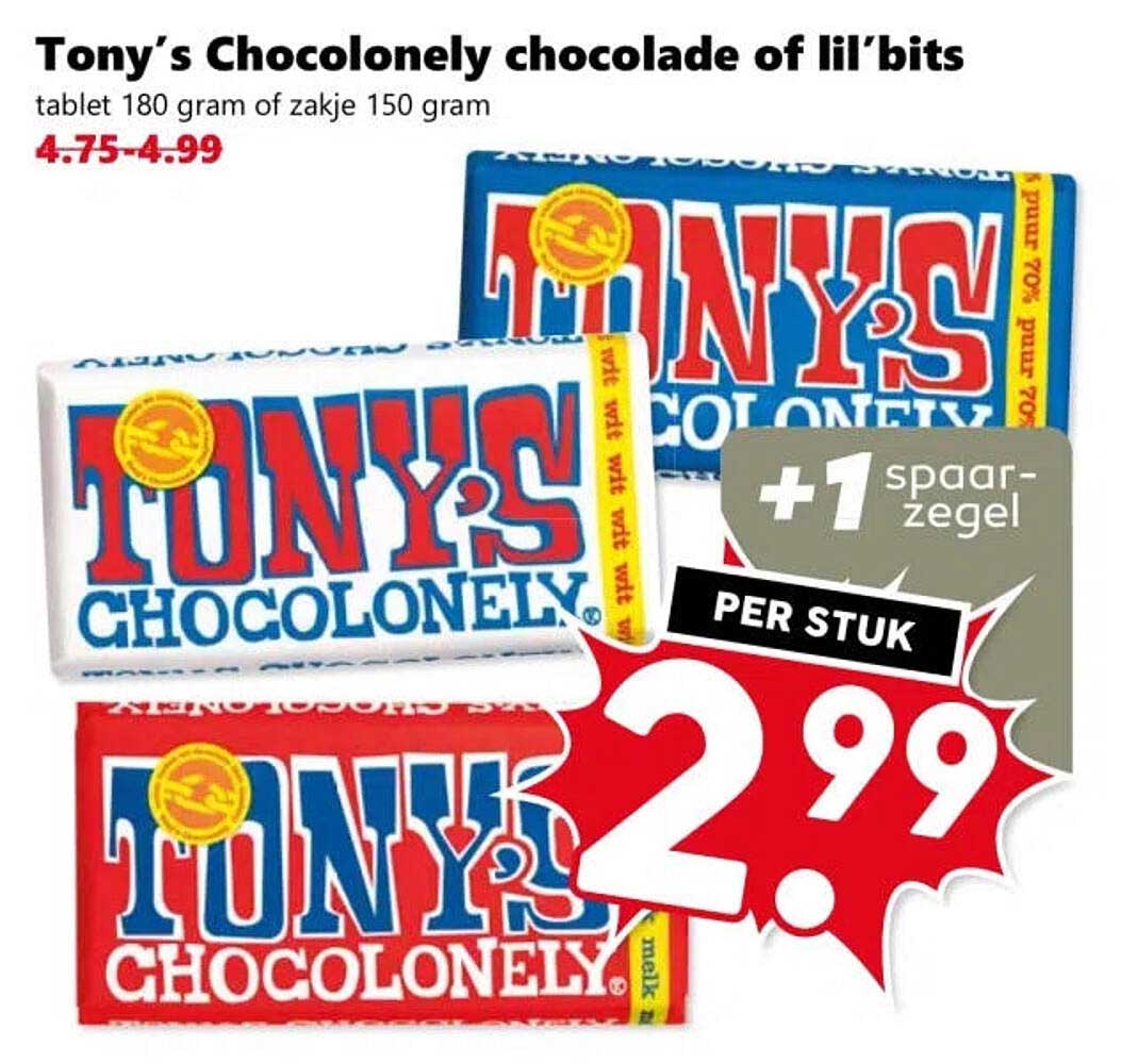 Tony’s Chocolonely chocolade of lil’bits tablet 180 gram of zakje 150 gram +1 spaarg-zegel PER STUK
