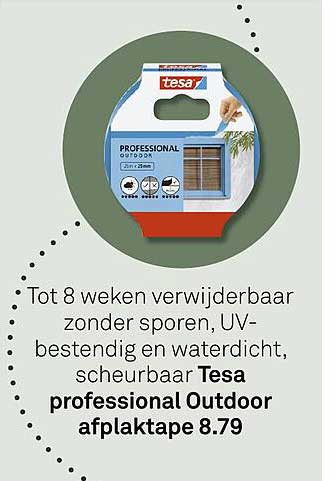 Tot 8 weken verwijderbaar zonder sporen, UV-bestendig en waterdicht, scheurbaar Tesa professional Outdoor afplaktape 8.79