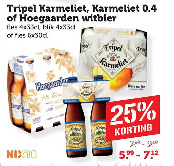 Tripel Karmeliet, Karmeliet 0.4 of Hoegaarden witbier fles 4x33cl, blik 4x33cl of fles 6x30cl 25% KORTING