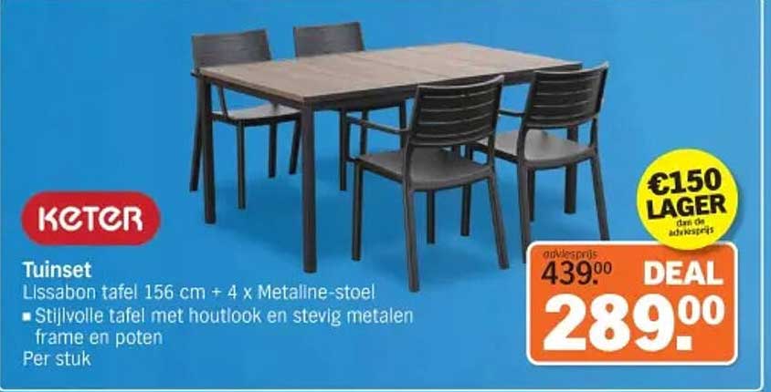 Tuinset Lissabon tafel 156 cm + 4 x Metaline-stoel