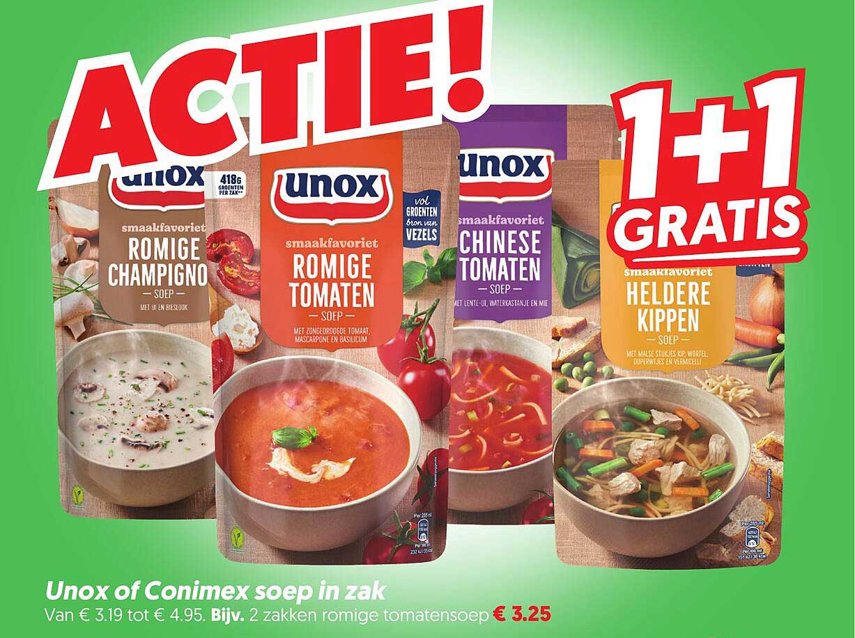 Unox of Conimex soep in zak 1+1 gratis