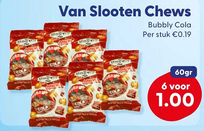 Van Slooten Chews Bubbly Cola Per stuk €0.19 60gr 6 voor 1.00