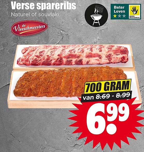 Verse spareribs Naturel of sjuvlaki. 700 GRAM