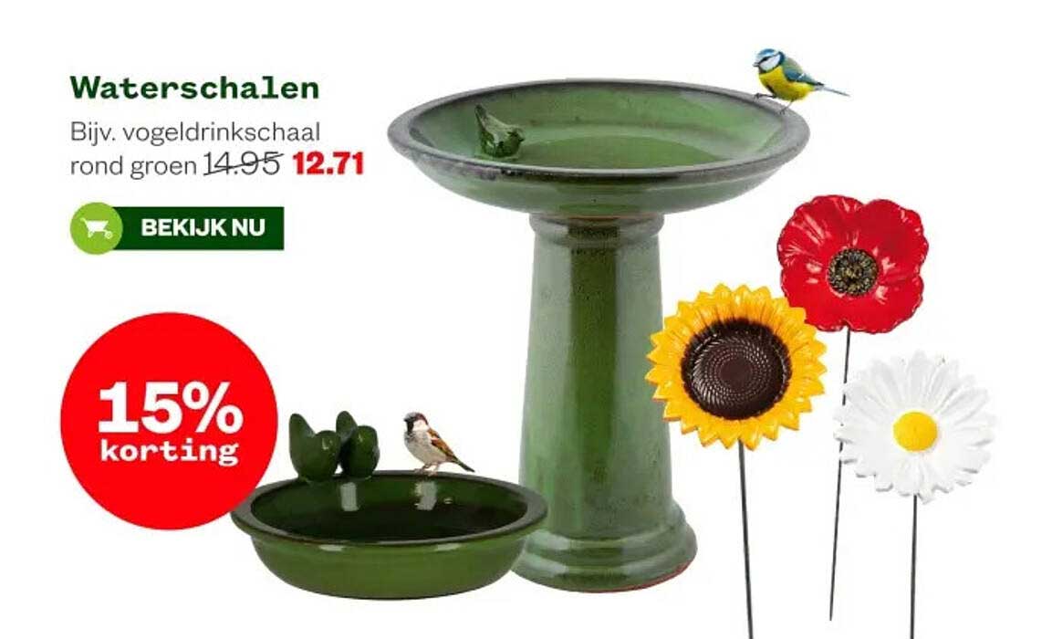 Waterschalen Bijv. vogeldrinkschaal rond groen 15% korting