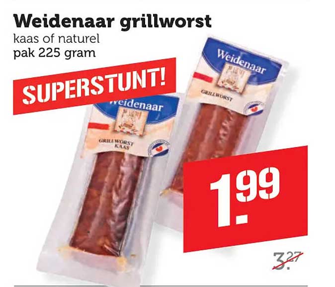Weidenaar grillworst kaas of naturel pak 225 gram SUPERSTUNT!