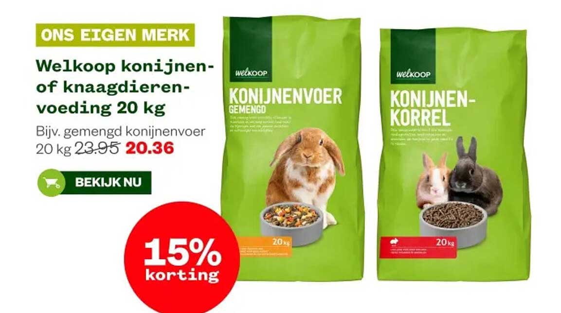 Welkoop konijnen- of knaagdierenvoeding 20 kg 15% korting