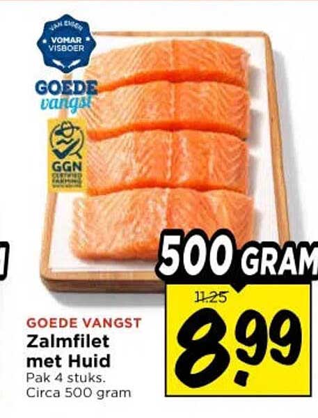 Zalmfilet met Huid Pak 4 stuks. Circa 500 gram