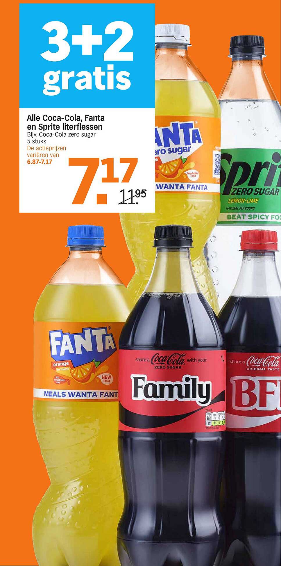 3+2 gratis op alle Coca-Cola, Fanta en Sprite literflessen
