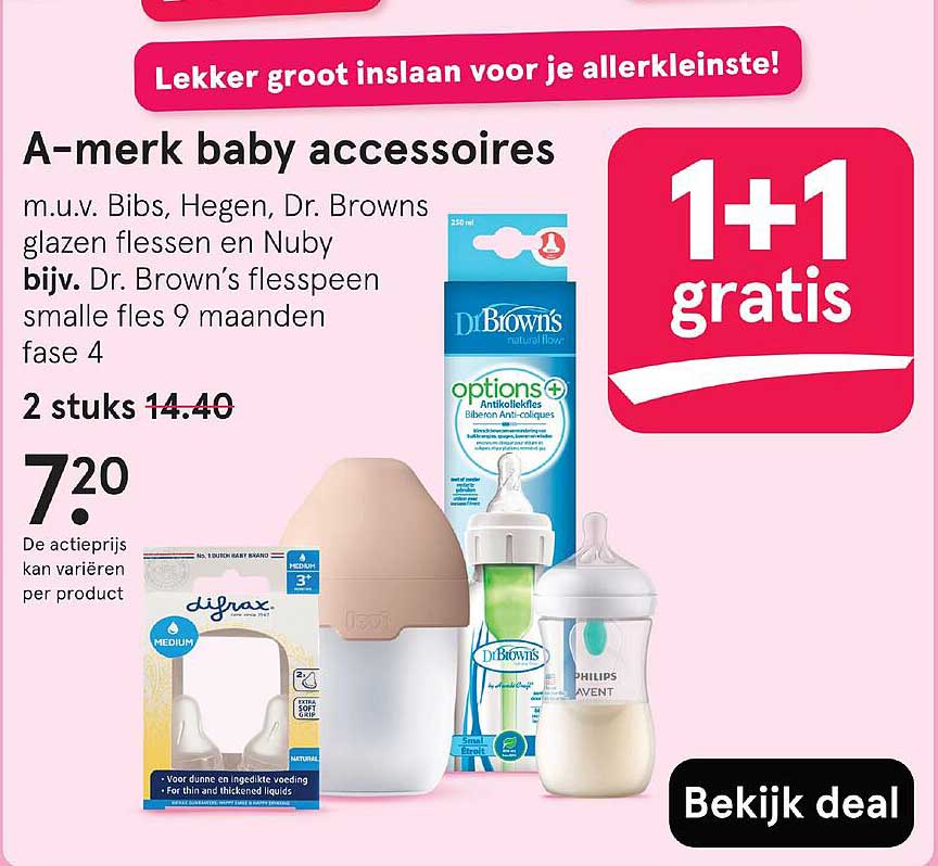 A-merk baby accessoires m.u.v. Bibs, Hegen, Dr. Browns glazen flessen en Nuby bijv. Dr. Brown’s flespeen kleine fles 9 maanden fase 4 2 stuks 14.40