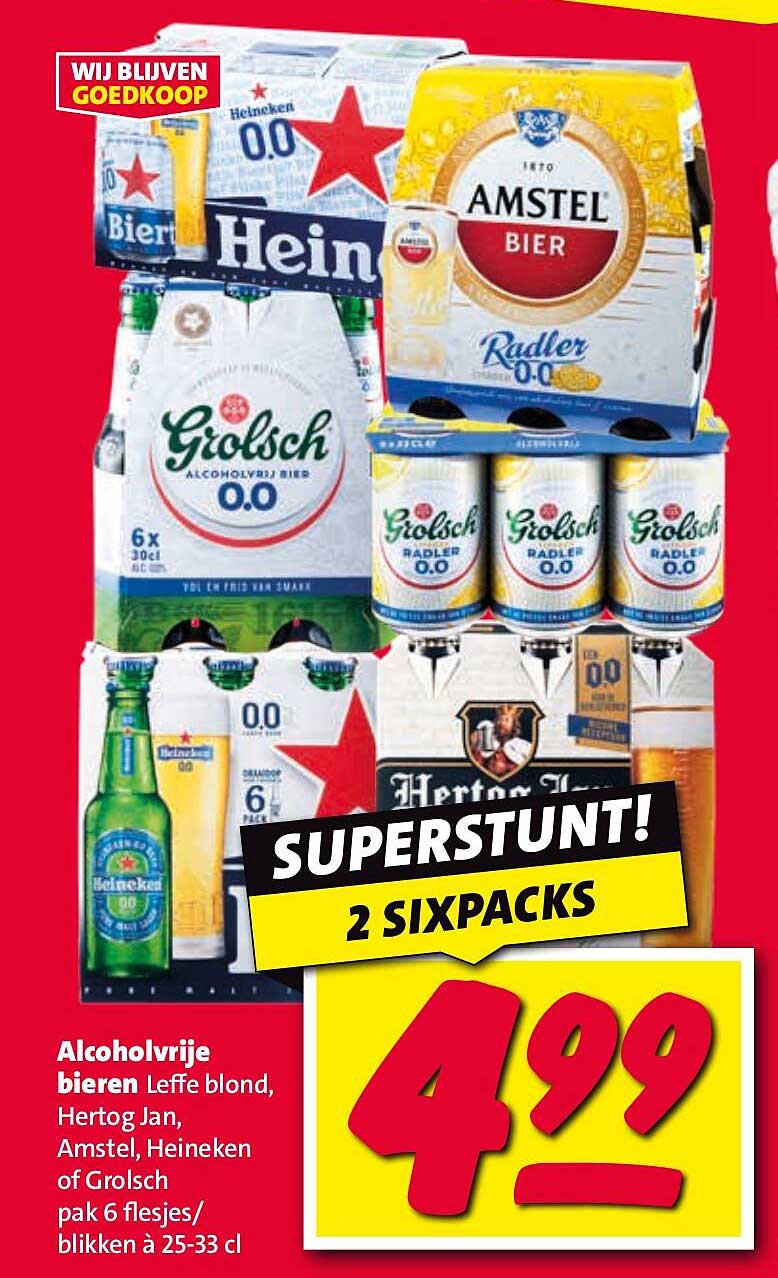 Alcoholvrije bieren Leffe blond, Hertog Jan, Amstel, Heineken of Grolsch pak 6 flesjes/blikken à 25-33 cl