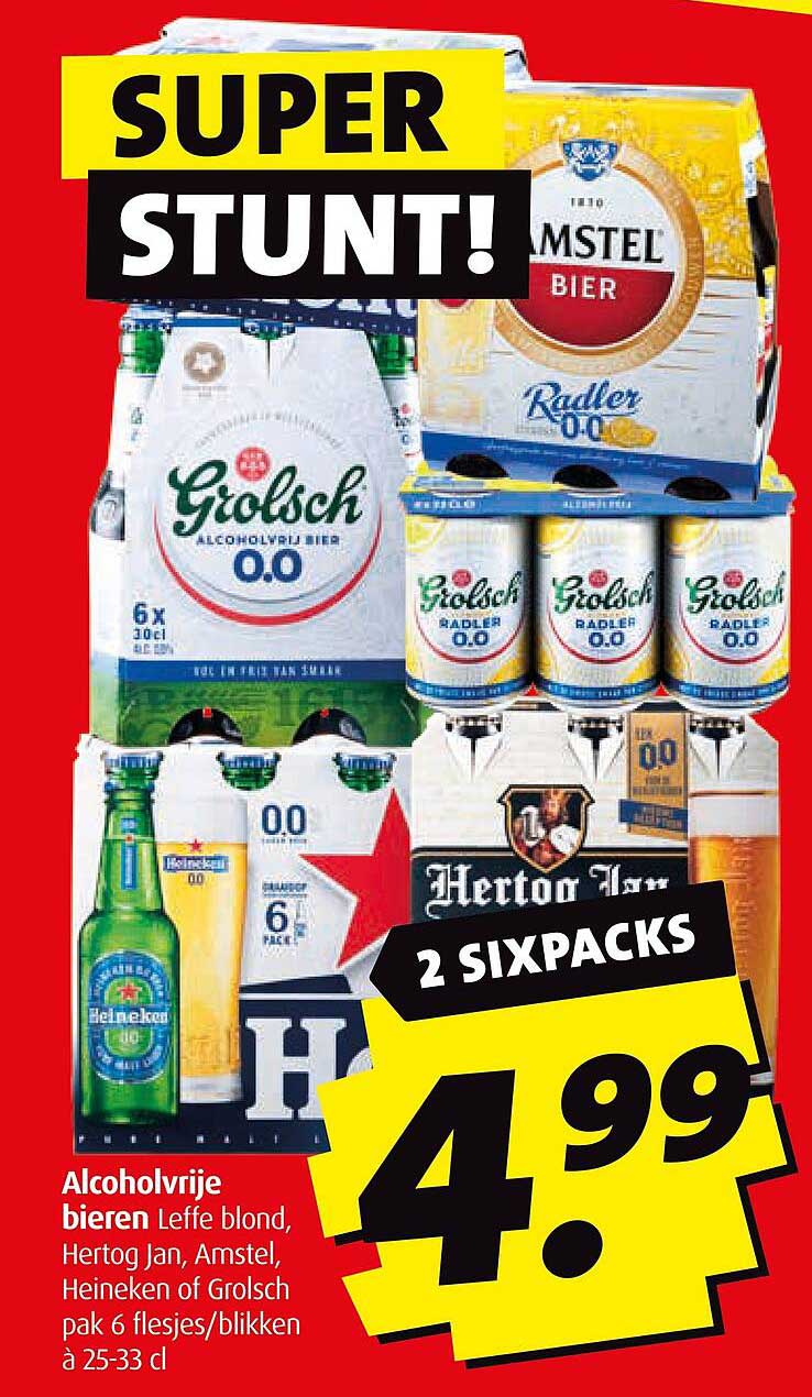 Alcoholvrije bieren Leffe blond, Hertog Jan, Amstel, Heineken of Grolsch pak 6 flesjes/blikken à 25-33 cl