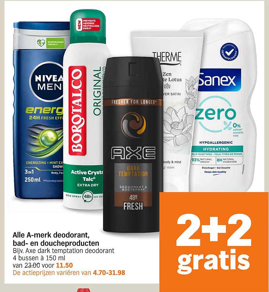 Alle A-merk deodorant, bad- en doucheproducten