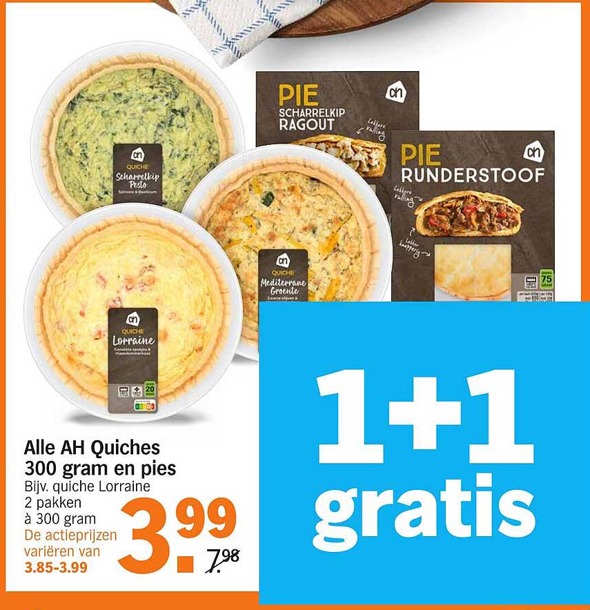 Alle AH Quiches 300 gram en pies Bijv. quiche Lorraine 2 pakken à 300 gram