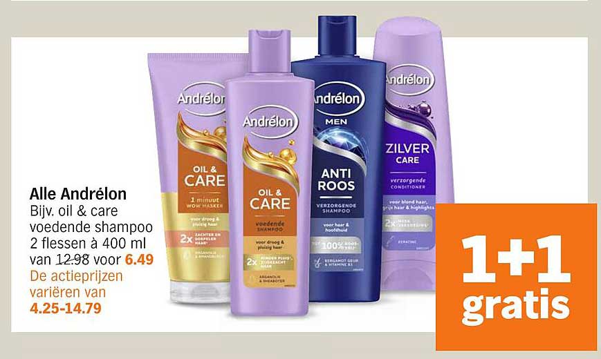 Alle Andrélon Bijv. oil & care voedende shampoo 2 flessen à 400 ml van 12.98 voor 6.49
