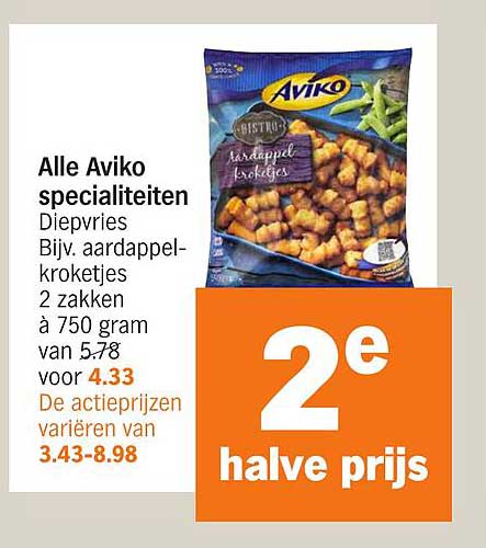 Alle Aviko specialiteiten Diepvries Bijv. aardappel-kroketjes 2 zakken à 750 gram van 5.78 voor 4.33