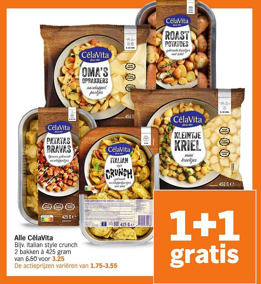 Alle CélaVita. Bijv. Italian style crunch 2 bakken à 425 gram van 6.50 voor 3.25