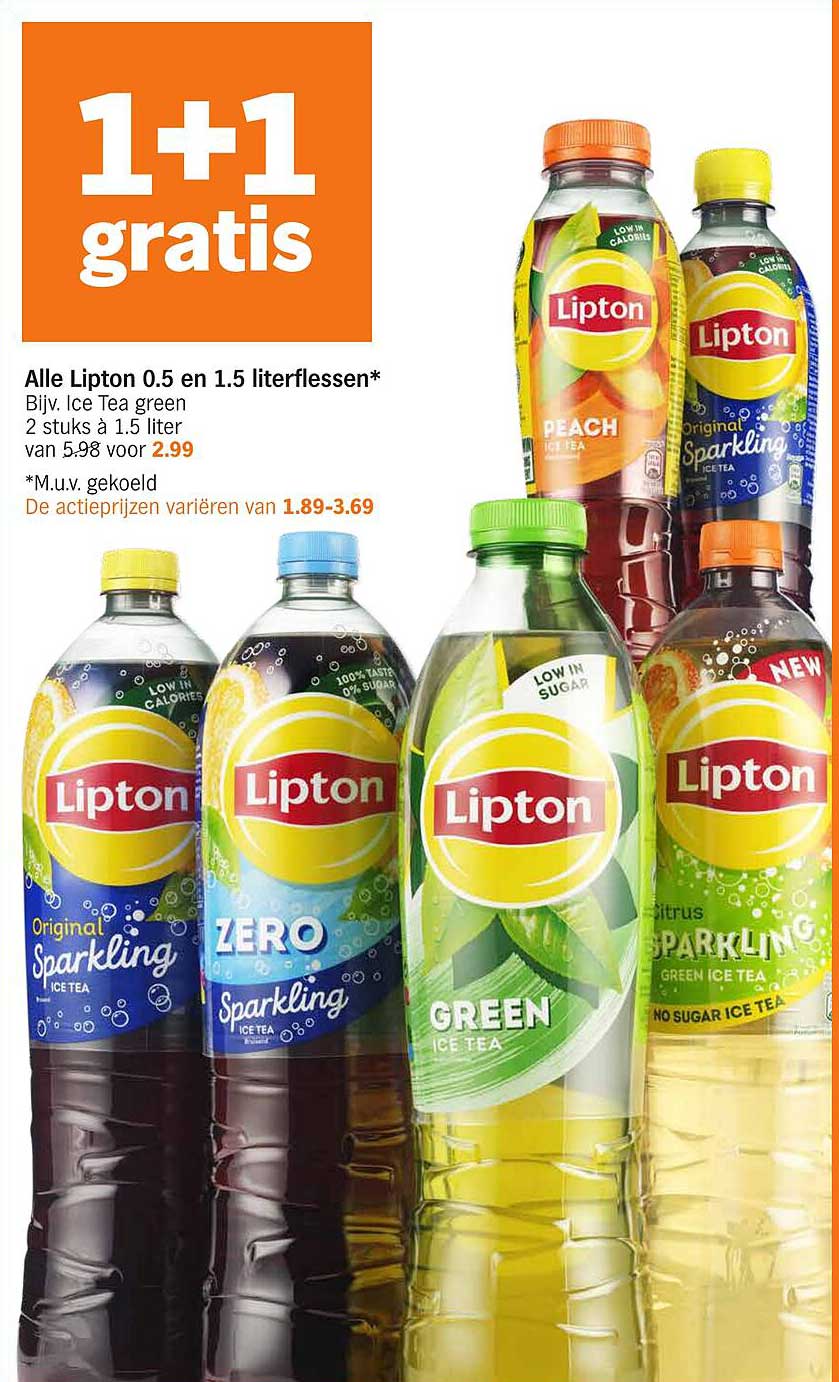 Alle Lipton 0.5 en 1.5 literflessen* Bijv. Ice Tea green 2 stuks à 1.5 liter van 5.98 voor 2.99