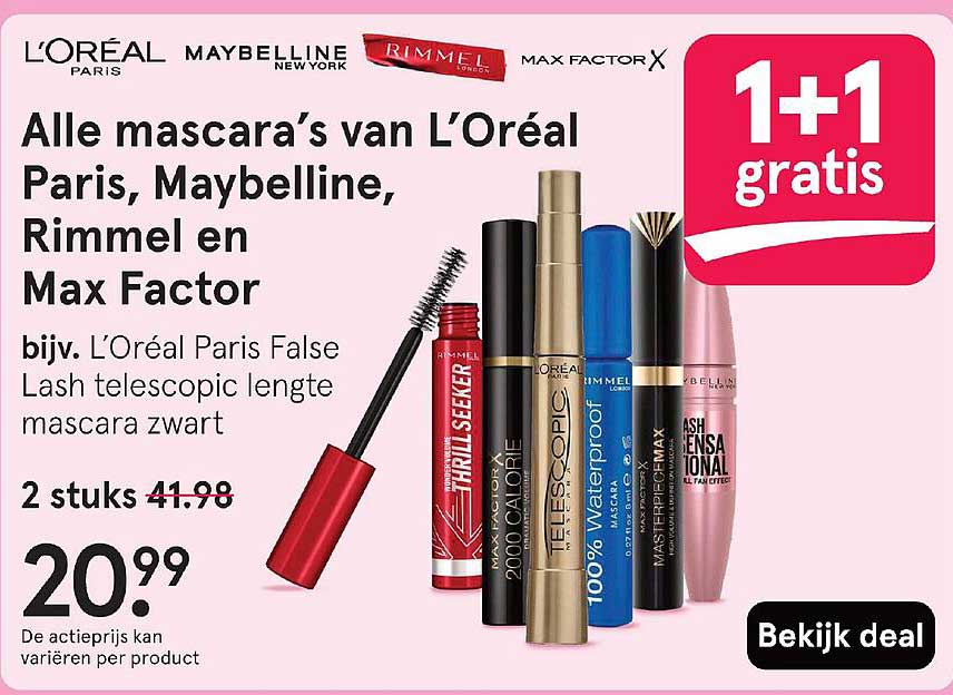 Alle mascara’s van L’Oréal Paris, Maybelline, Rimmel en Max Factor 1+1 gratis