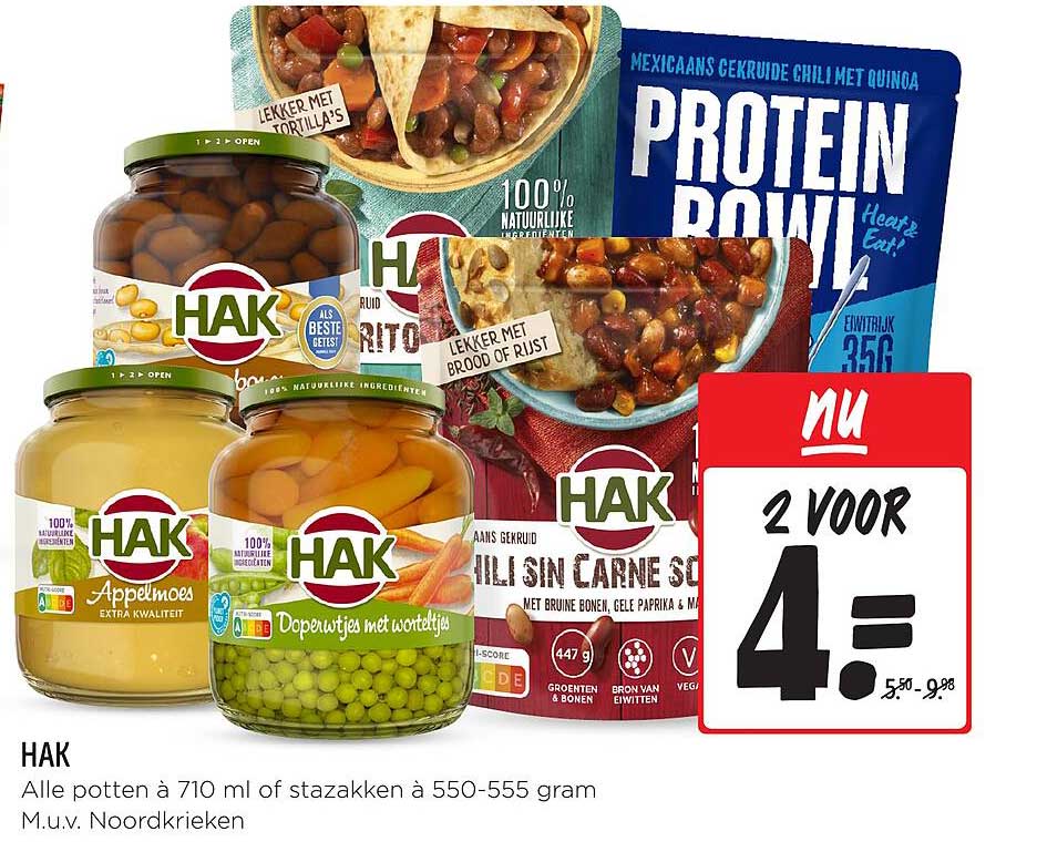 Alle potten à 710 ml of stazakken à 550-555 gram M.u.v. Noordkrieken