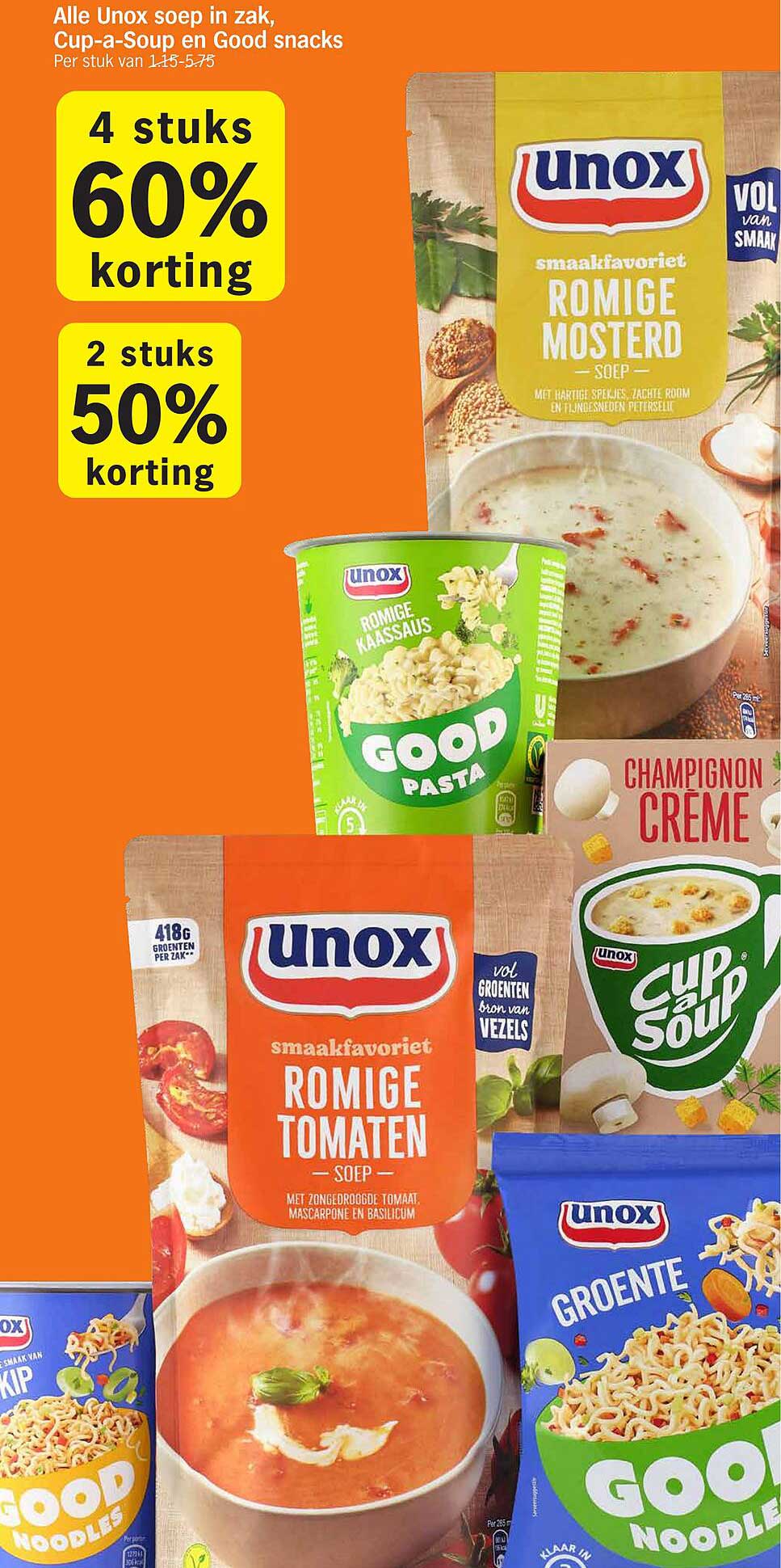 Alle Unox soep in zak, Cup-a-Soup en Good snacks