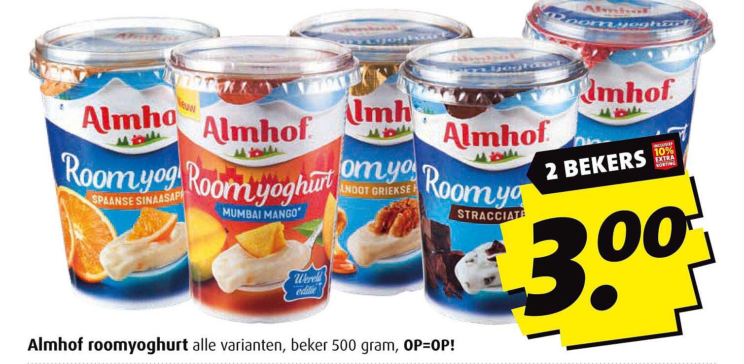 Almhof roomyoghurt alle varianten, beker 500 gram, OP=OP!