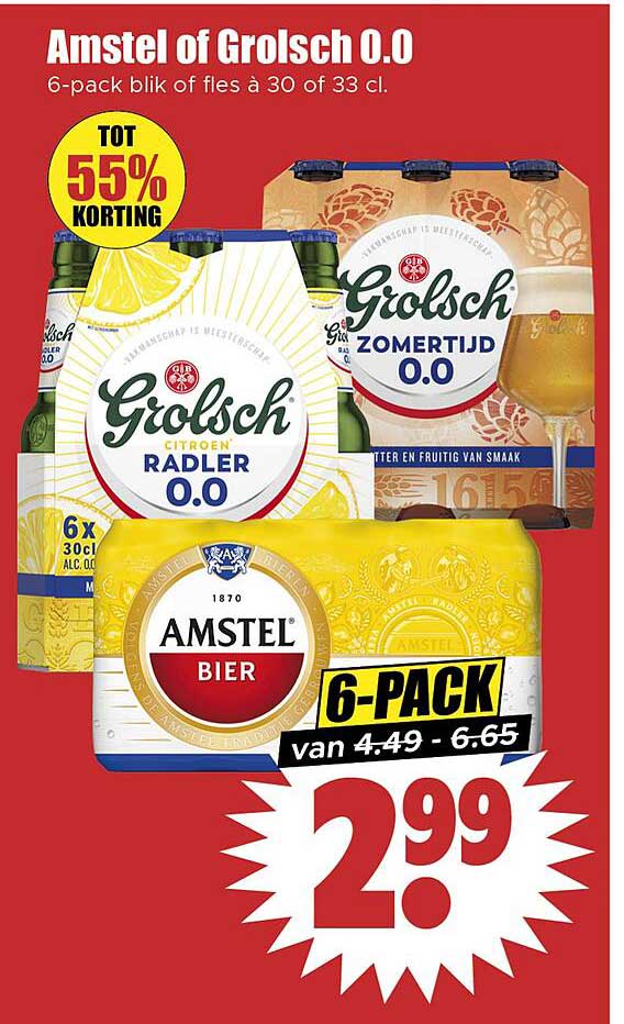 Amstel of Grolsch 0.0 - 6-pack blik van 30 cl