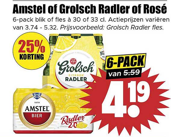 Amstel of Grolsch Radler of Rosé 6-pack blik of fles à 30 of 33 cl.