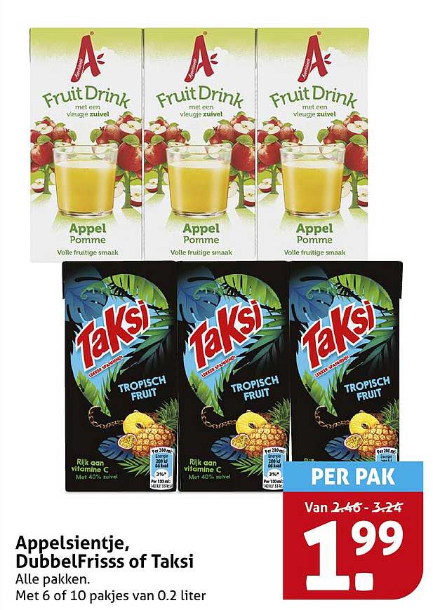 Appelsientje, DubbelFrisss of Taksi - Alle pakken. Met 6 of 10 pakjes van 0.2 liter