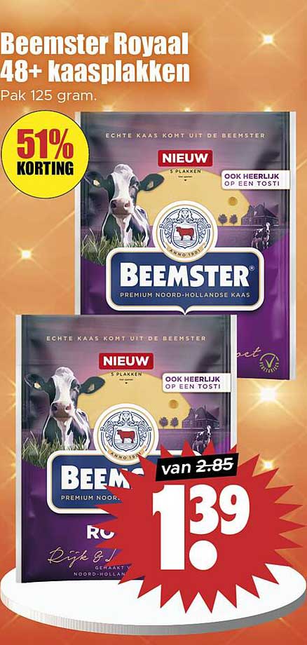 Beemster Royaal 48+ kaasplakken Pak 125 gram.
