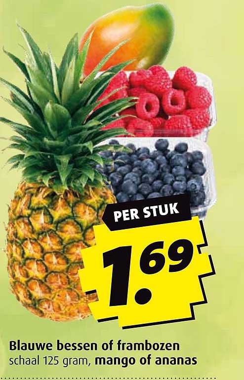 Blauwe bessen of frambozen schaal 125 gram, mango of ananas